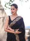Banarasee Handloom Plain Semi Katan Saree With Gold Zari Border-Black