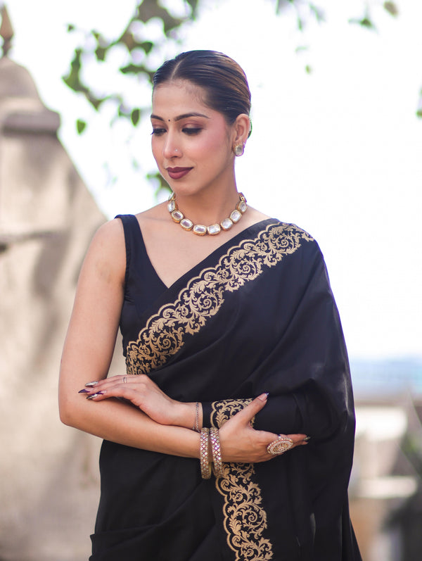 Banarasee Handloom Plain Semi Katan Saree With Gold Zari Border-Black