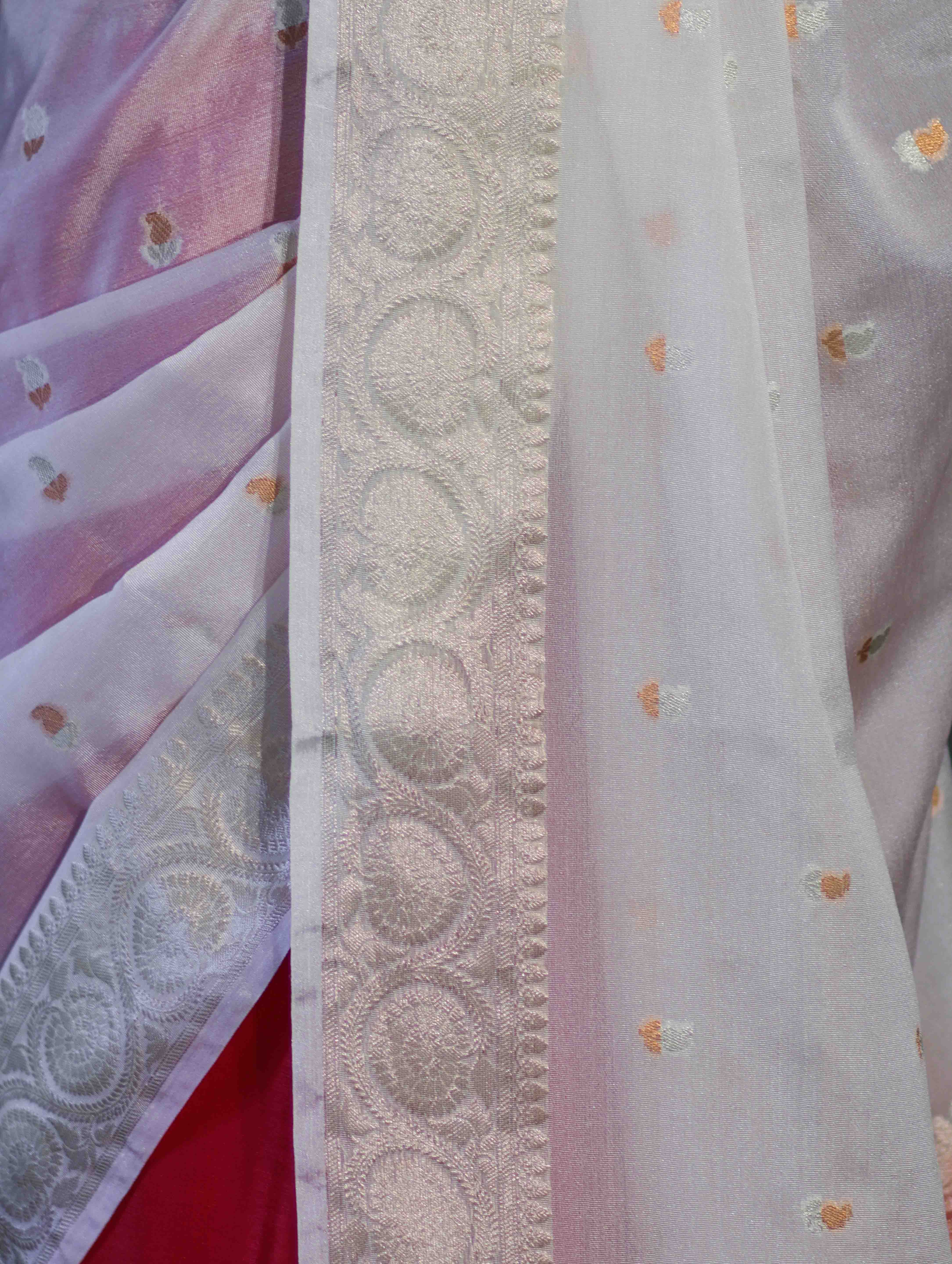 Banarasee Semi Chiffon Saree With Buti Design & Zari Border-Red & White