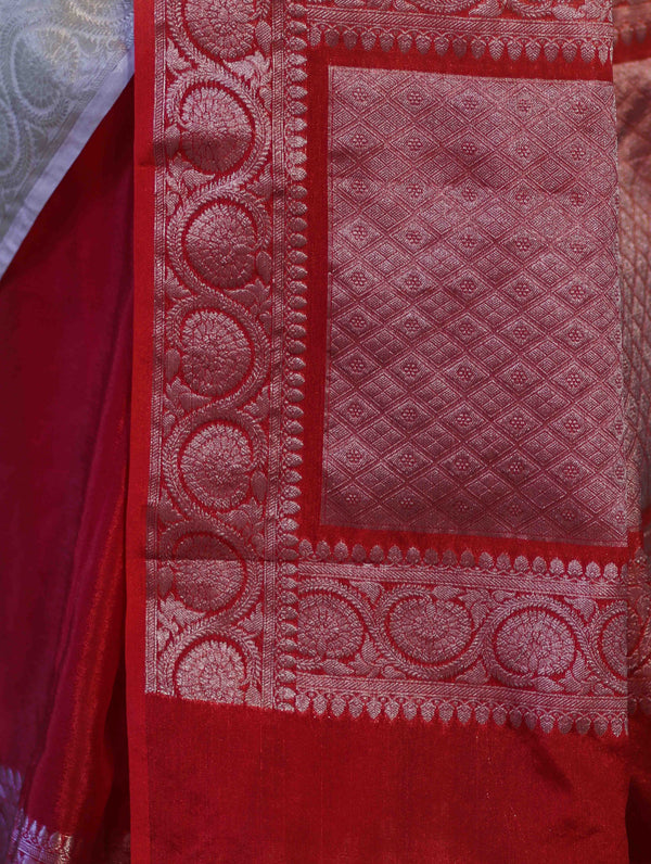 Banarasee Semi Chiffon Saree With Buti Design & Zari Border-Red & White