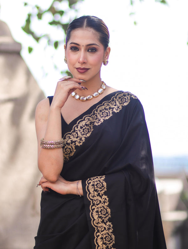 Banarasee Handloom Plain Semi Katan Saree With Gold Zari Border-Black