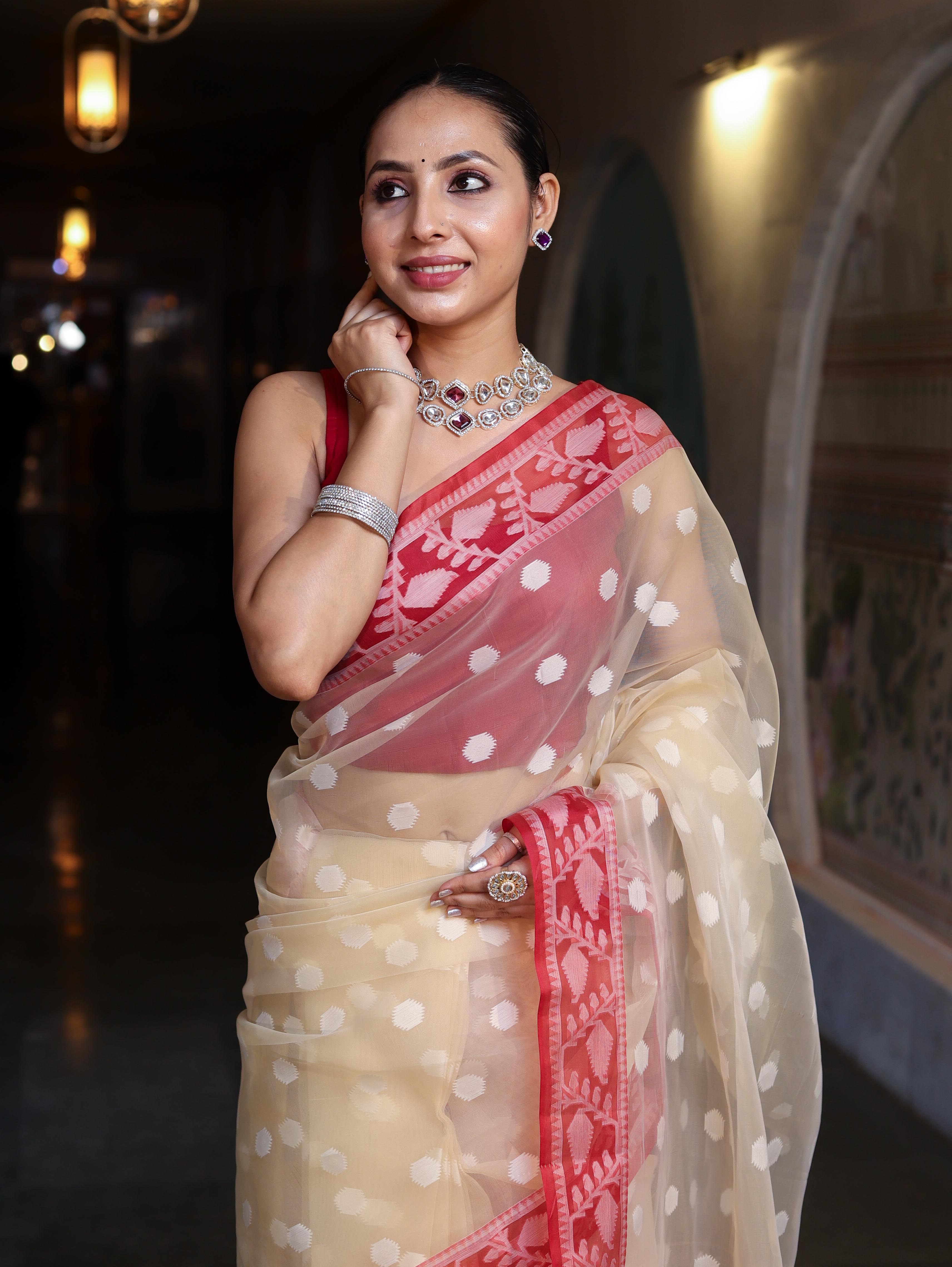 Banarasee Organza Mix Saree With Resham Work & Contrast Border-Cream & Maroon