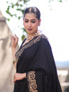 Banarasee Handloom Plain Semi Katan Saree With Gold Zari Border-Black