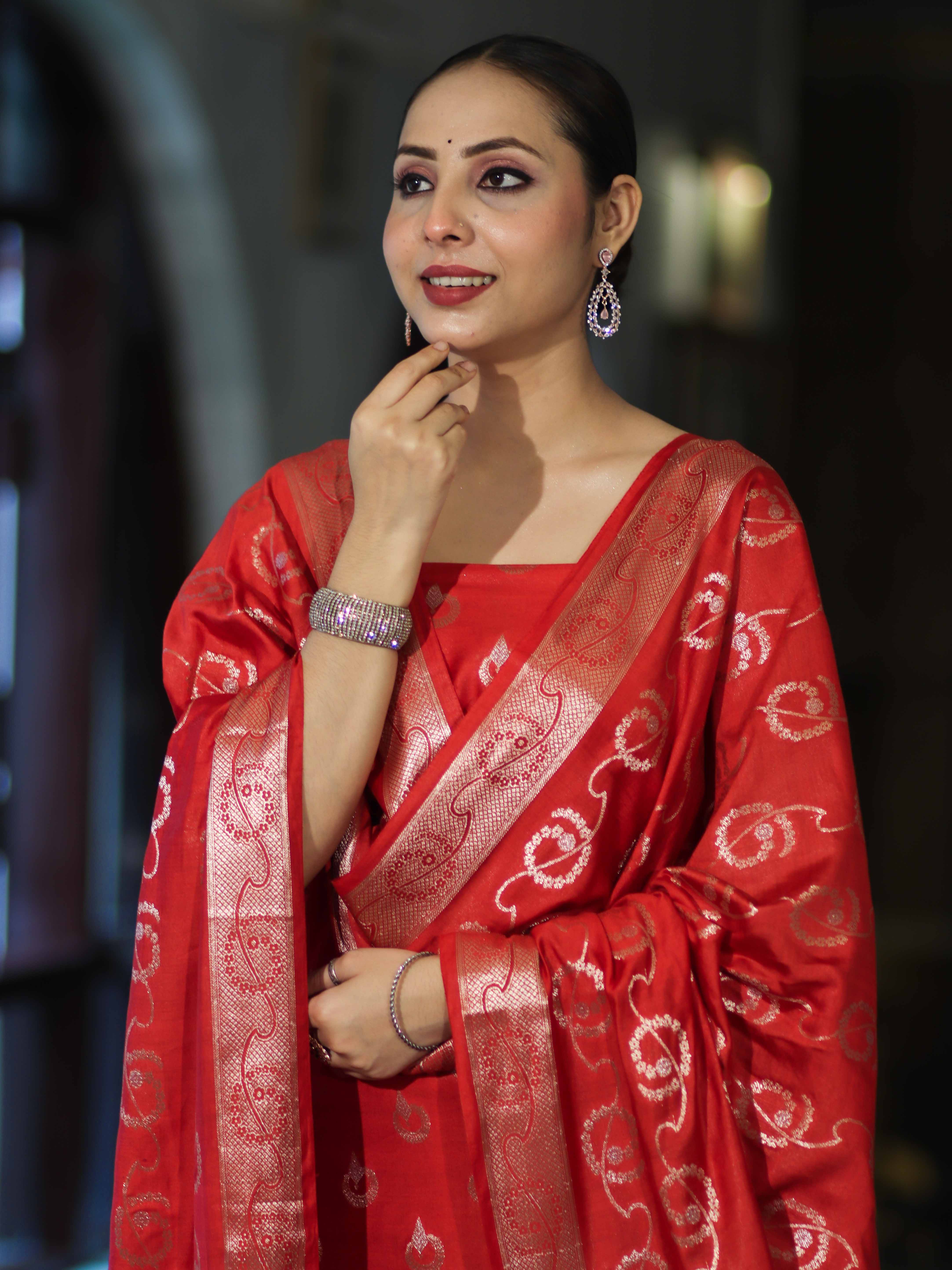 Banarasee Zari Embroidered Chanderi Silk Salwar Kameez With Dupatta Set-Red