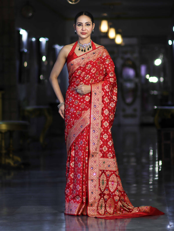Banarasee Handloom Semi Silk Bandhej Saree With Zari Design Mirror Work & Floral Border-Red