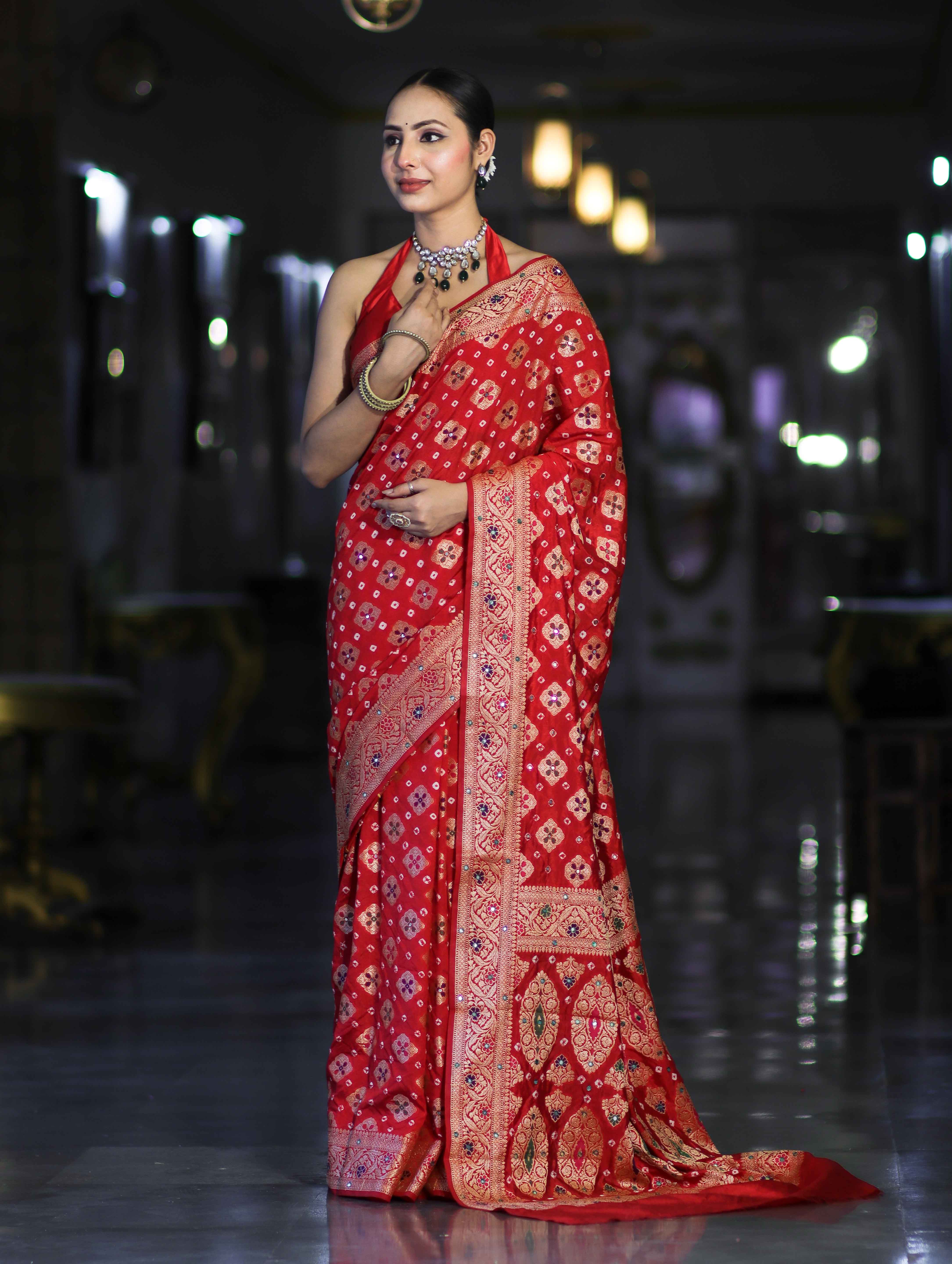 Banarasee Handloom Semi Silk Bandhej Saree With Zari Design Mirror Work & Floral Border-Red
