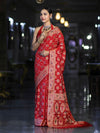 Banarasee Handloom Semi Silk Bandhej Saree With Zari Design Mirror Work & Floral Border-Red