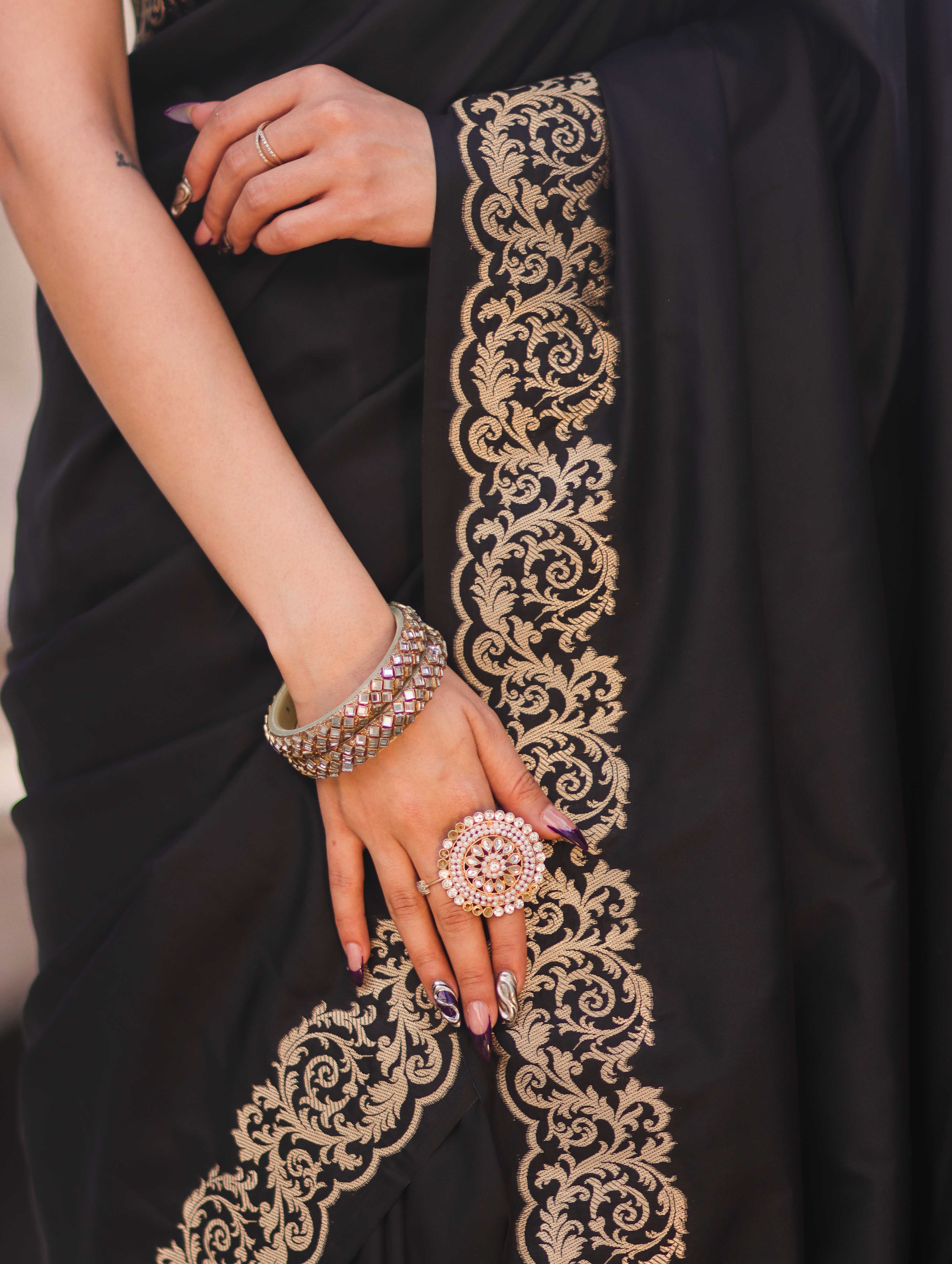 Banarasee Handloom Plain Semi Katan Saree With Gold Zari Border-Black