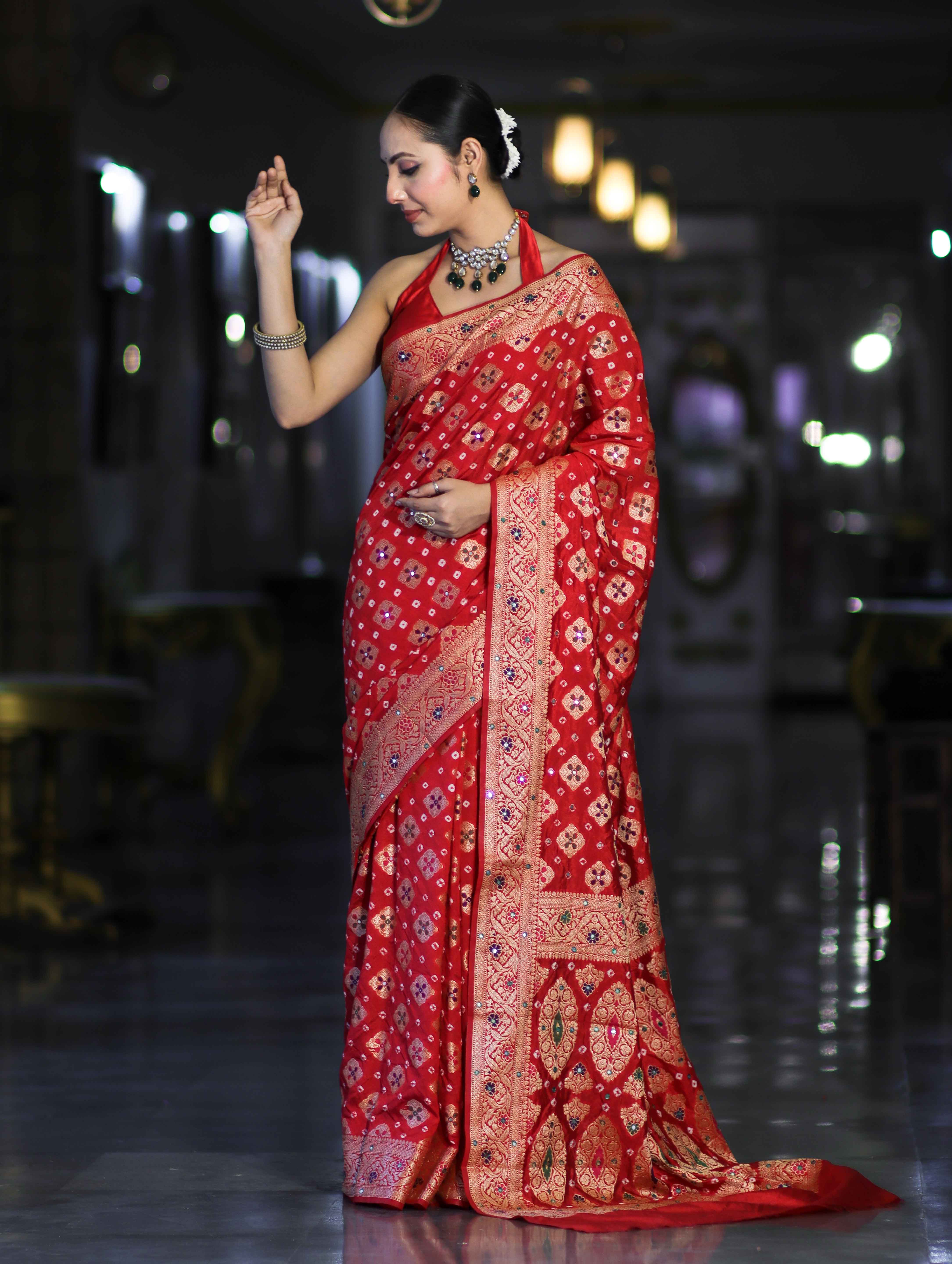 Banarasee Handloom Semi Silk Bandhej Saree With Zari Design Mirror Work & Floral Border-Red