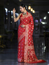 Banarasee Handloom Semi Silk Bandhej Saree With Zari Design Mirror Work & Floral Border-Red