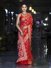 Banarasee Handloom Semi Silk Bandhej Saree With Zari Design Mirror Work & Floral Border-Red