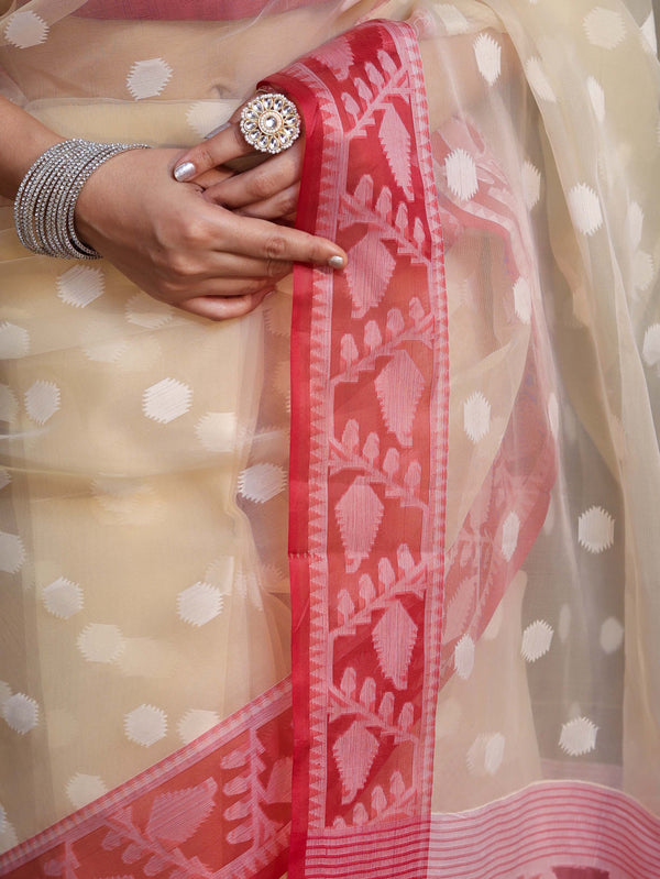 Banarasee Organza Mix Saree With Resham Work & Contrast Border-Cream & Maroon