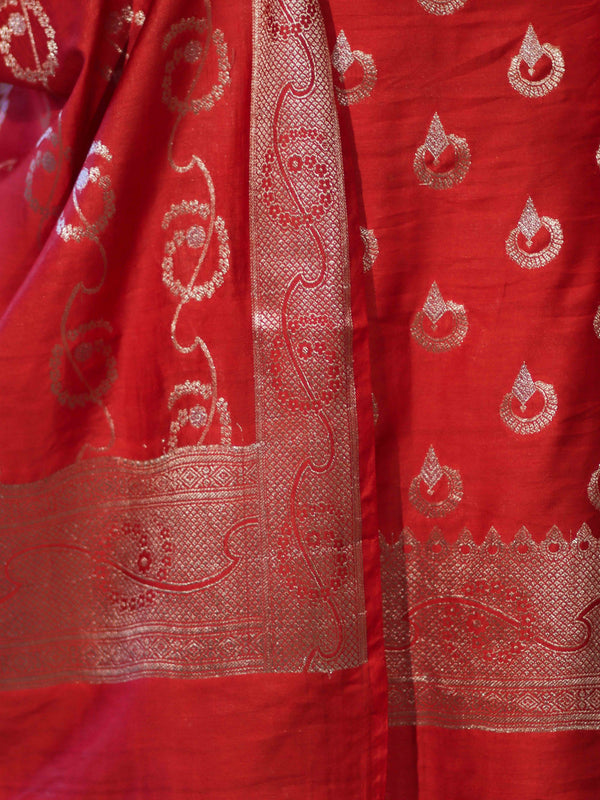 Banarasee Zari Embroidered Chanderi Silk Salwar Kameez With Dupatta Set-Red