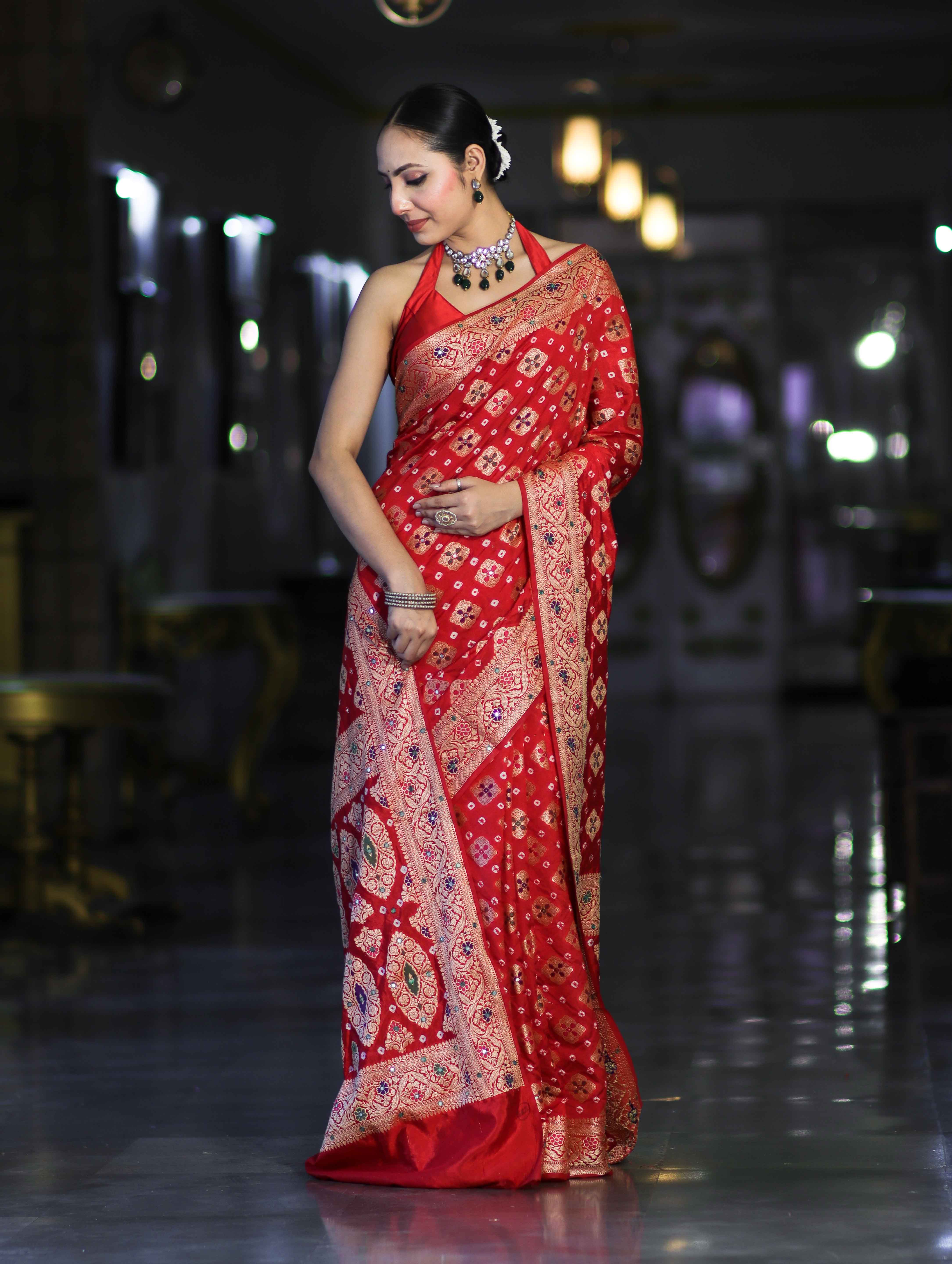 Banarasee Handloom Semi Silk Bandhej Saree With Zari Design Mirror Work & Floral Border-Red