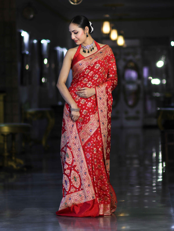 Banarasee Handloom Semi Silk Bandhej Saree With Zari Design Mirror Work & Floral Border-Red