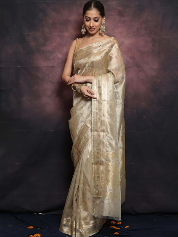 Banarasee Handwoven Tissue Saree With Swarovski Work-Gold