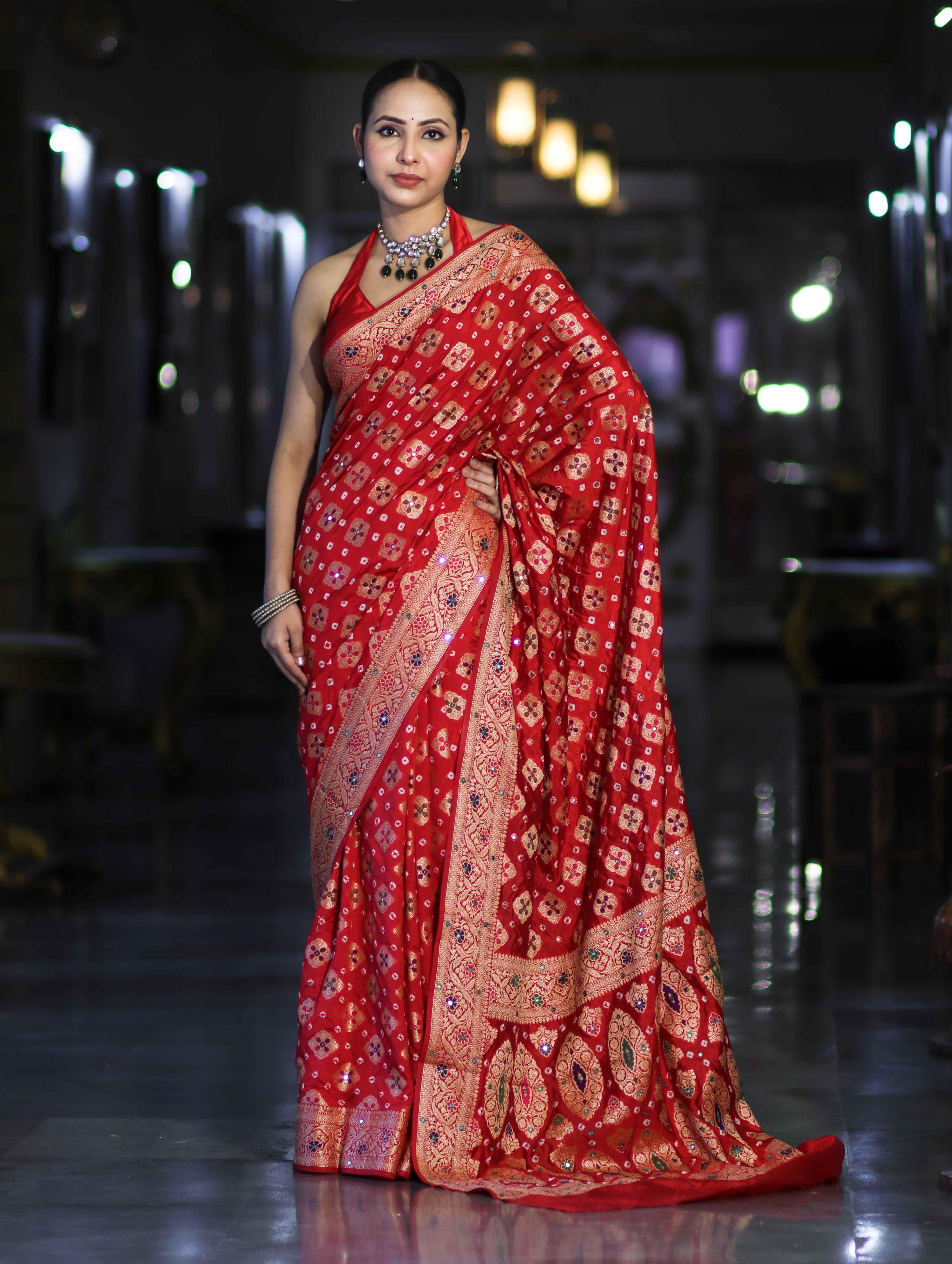 Banarasee Handloom Semi Silk Bandhej Saree With Zari Design Mirror Work & Floral Border-Red