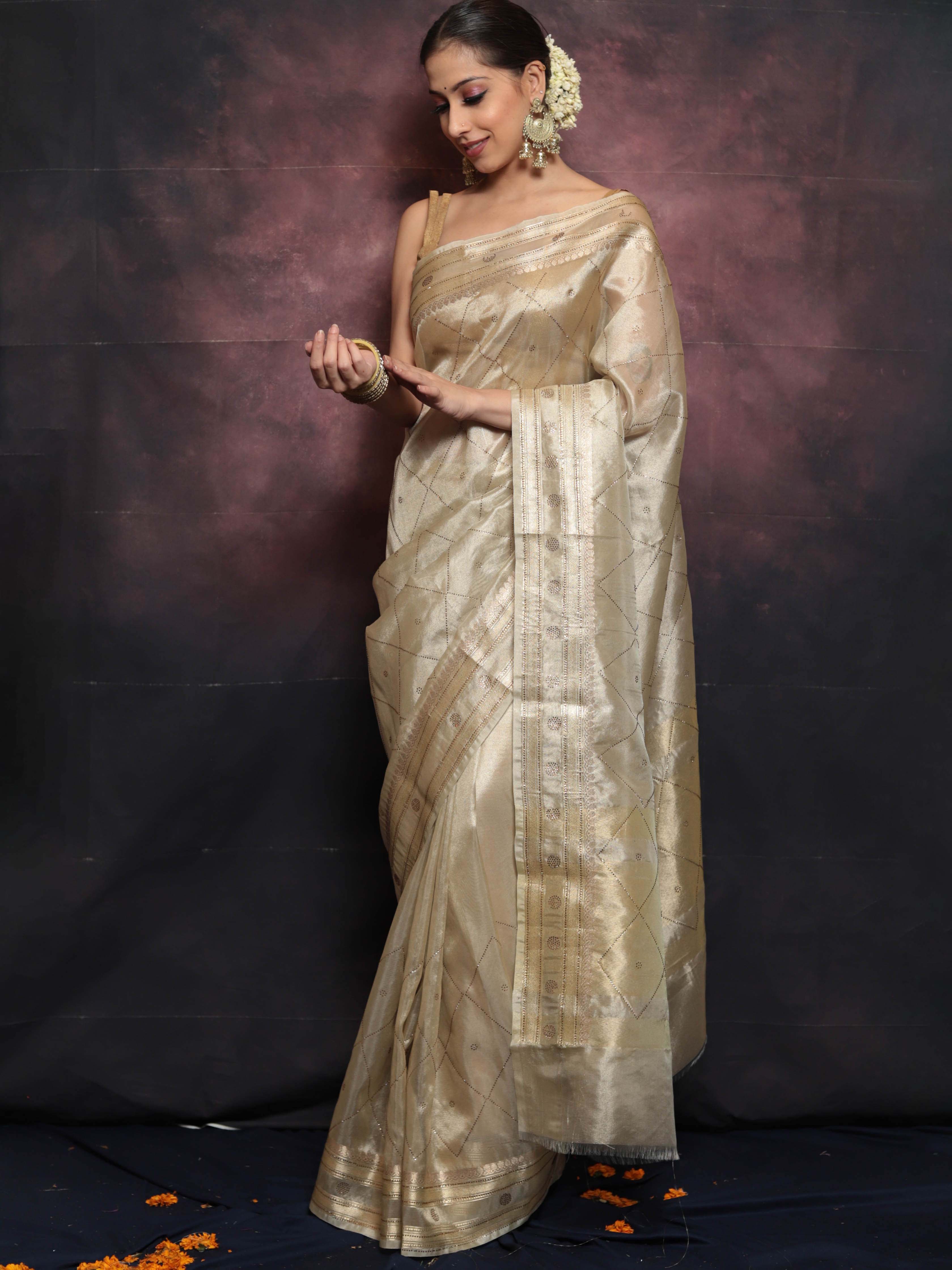 Banarasee Handwoven Tissue Saree With Swarovski Work-Gold