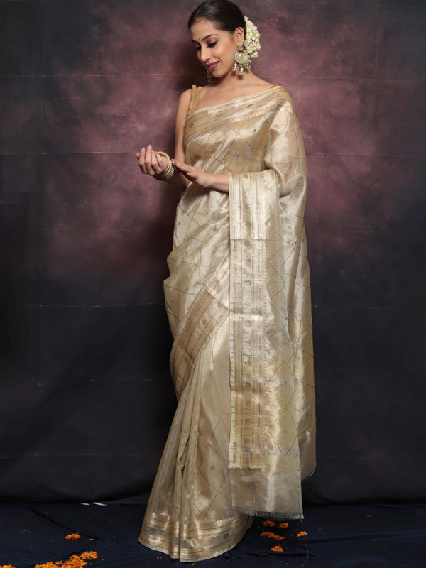 Banarasee Handwoven Tissue Saree With Swarovski Work-Gold