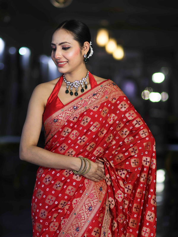 Banarasee Handloom Semi Silk Bandhej Saree With Zari Design Mirror Work & Floral Border-Red