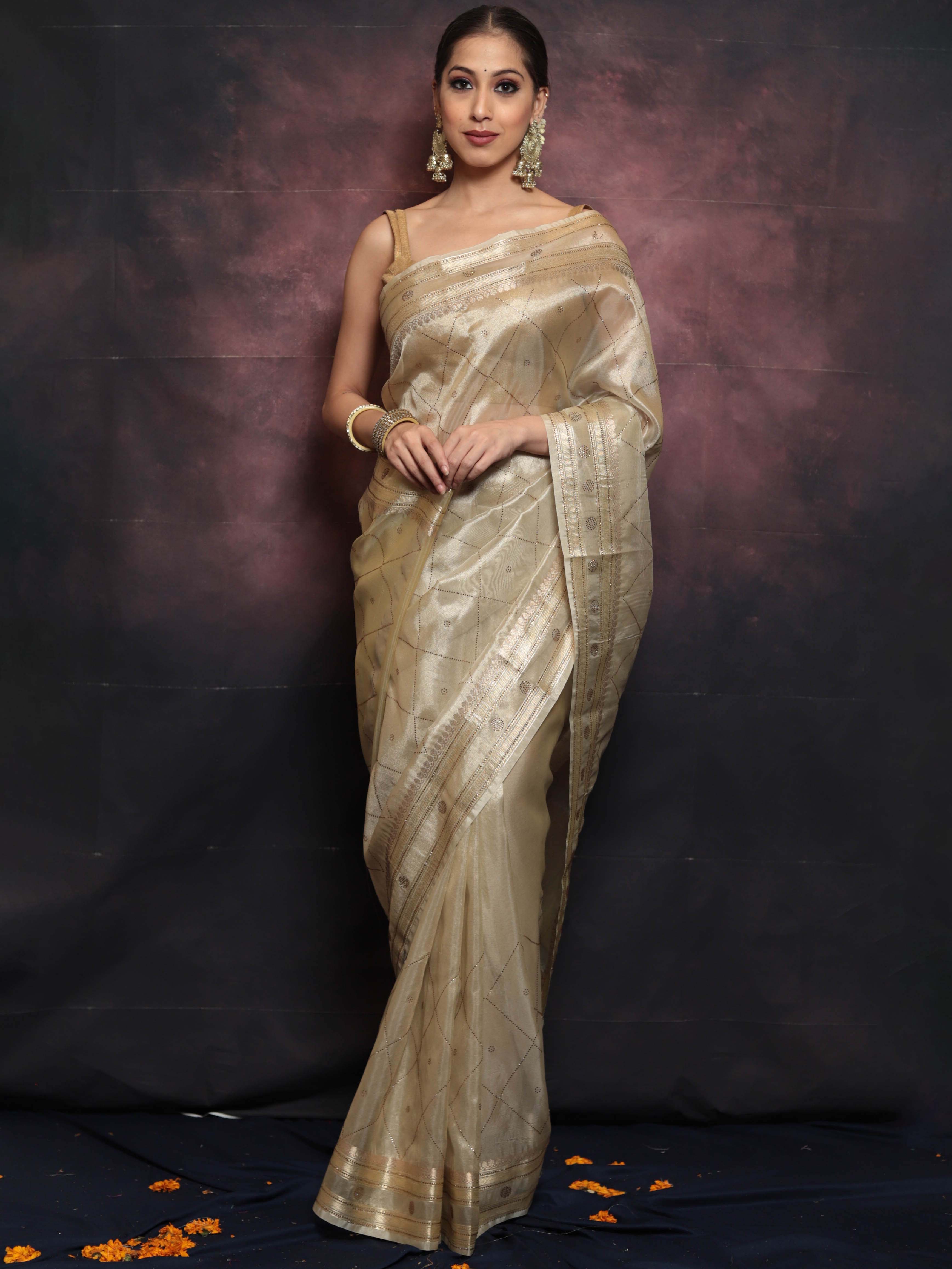 Banarasee Handwoven Tissue Saree With Swarovski Work-Gold
