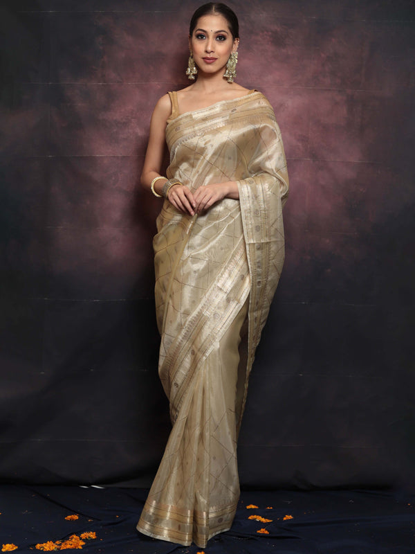 Banarasee Handwoven Tissue Saree With Swarovski Work-Gold