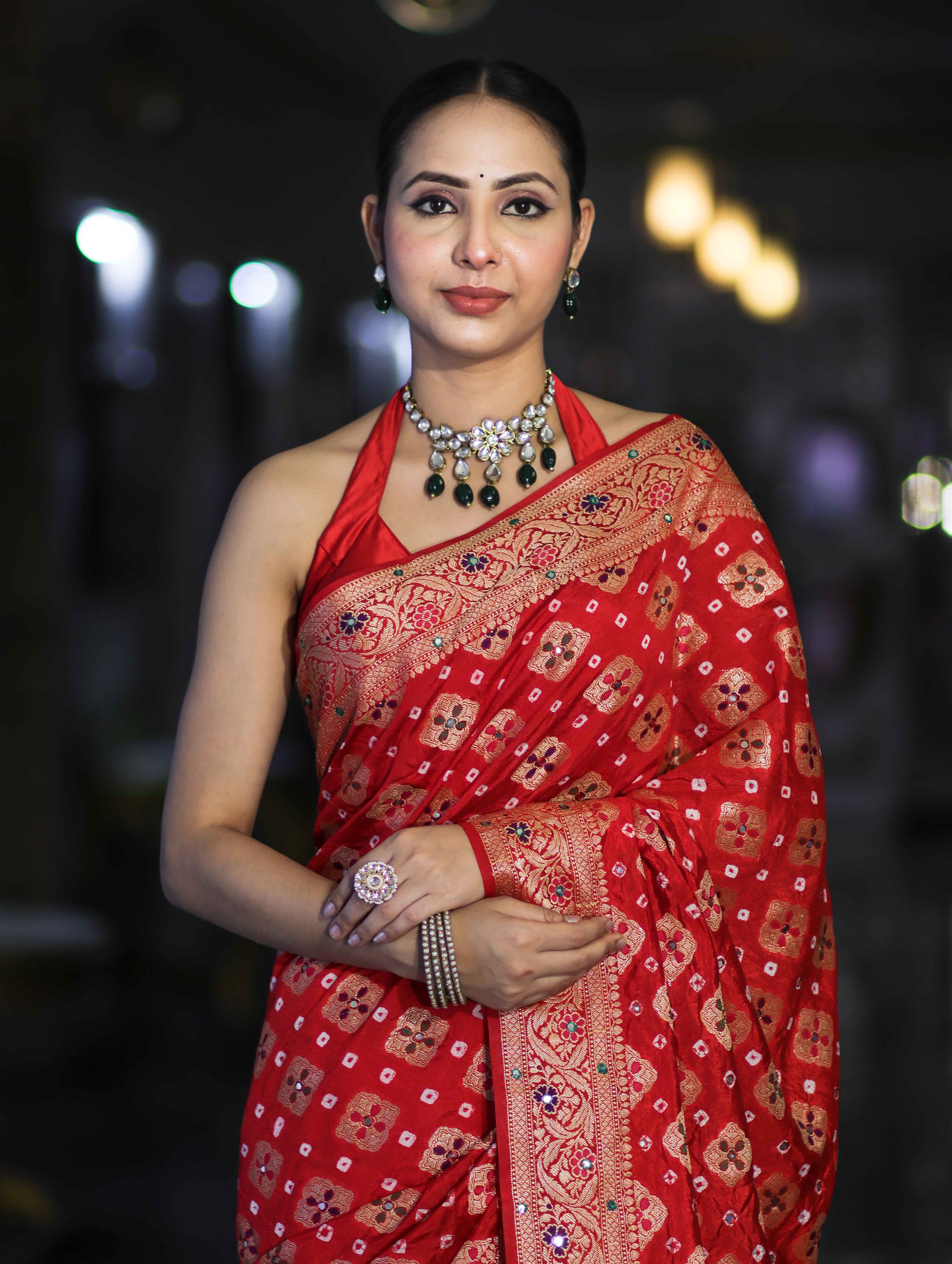 Banarasee Handloom Semi Silk Bandhej Saree With Zari Design Mirror Work & Floral Border-Red