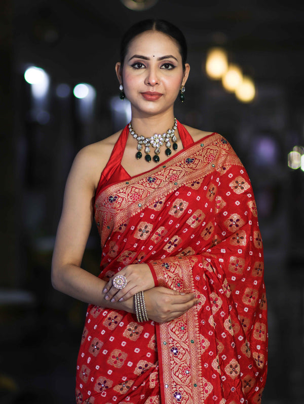 Banarasee Handloom Semi Silk Bandhej Saree With Zari Design Mirror Work & Floral Border-Red