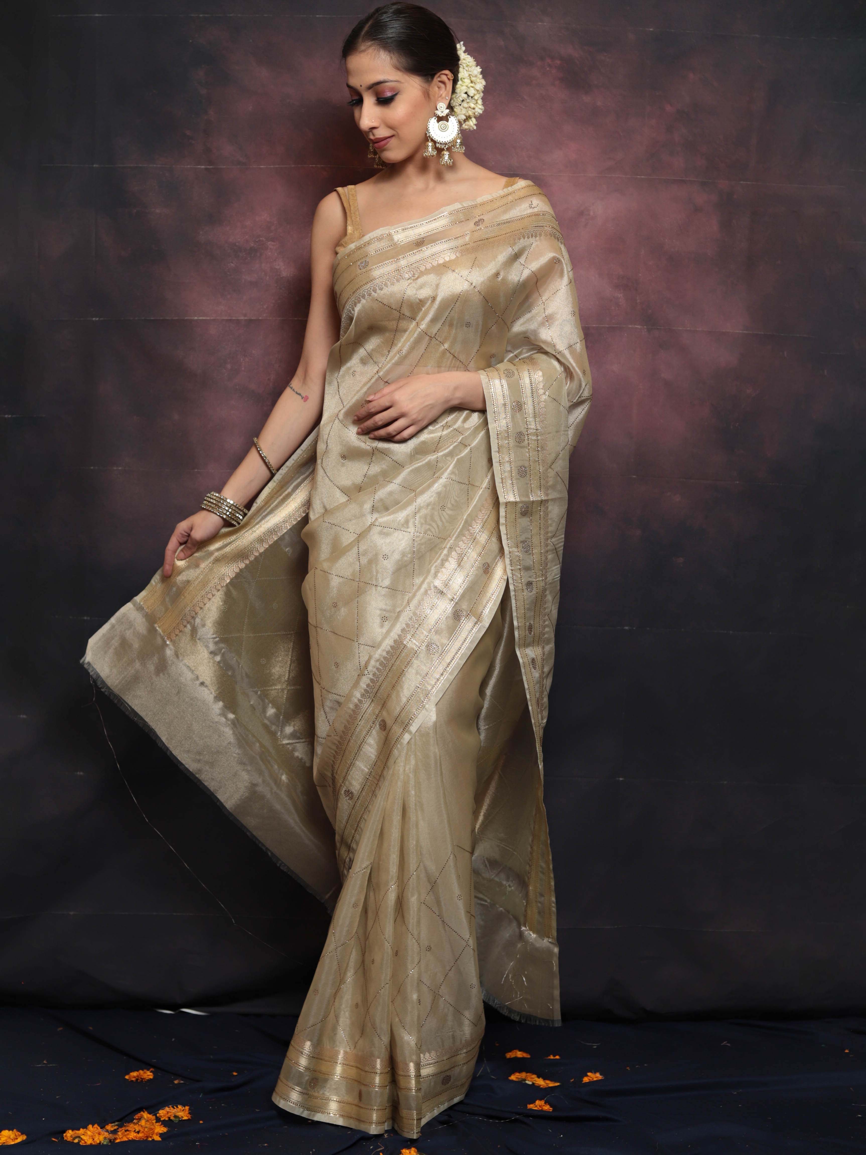 Banarasee Handwoven Tissue Saree With Swarovski Work-Gold