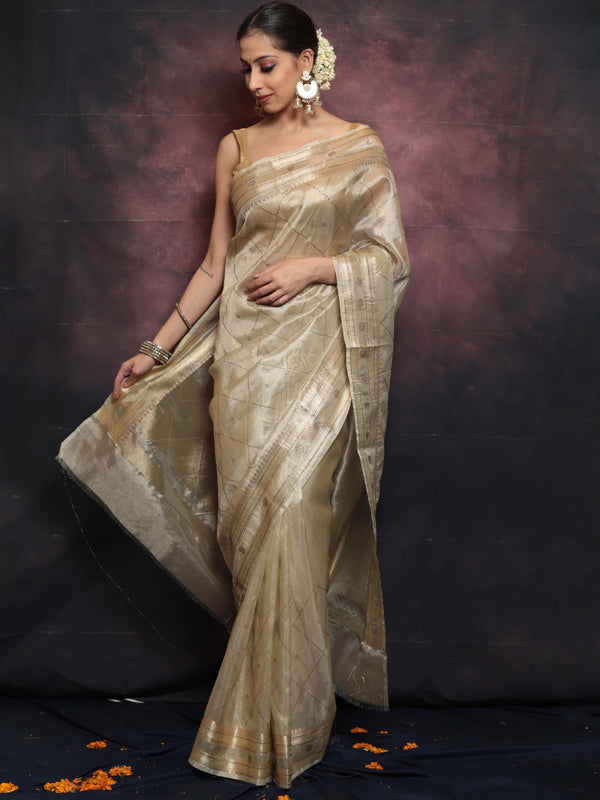 Banarasee Handwoven Tissue Saree With Swarovski Work-Gold