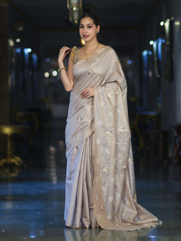 Banarasee Handloom Dual Tone Cotton Silk Saree With Resham Embroidery-Rose Pink (Gold Tone)