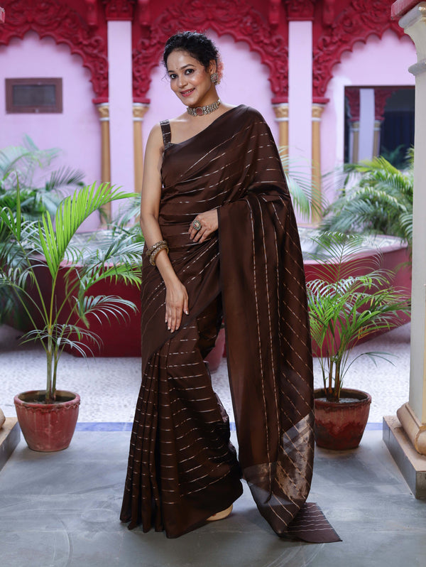 Banarasee Handloom Semi Silk Saree With Gold Zari Stripes-Brown