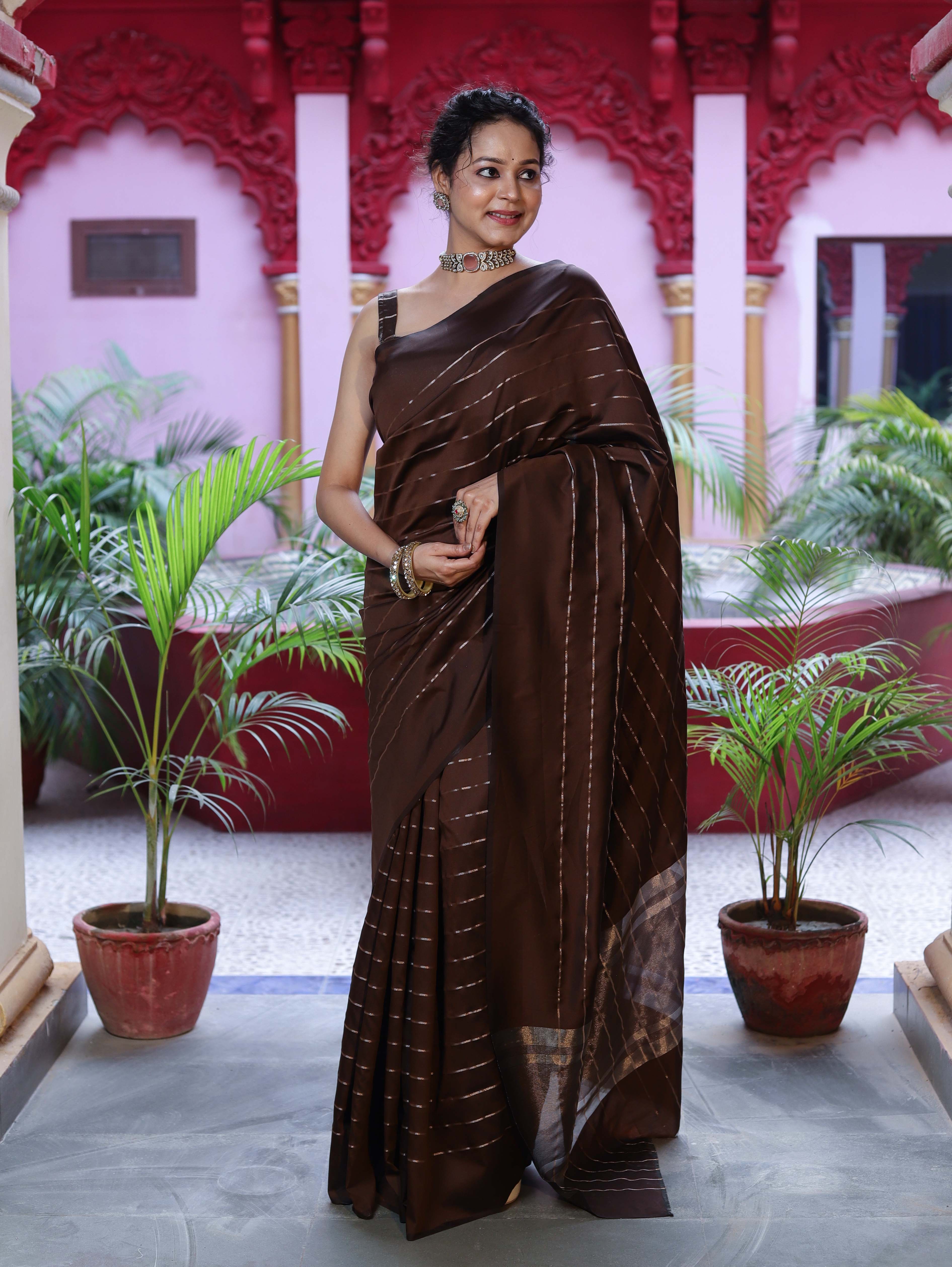 Banarasee Handloom Semi Silk Saree With Gold Zari Stripes-Brown