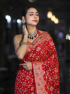 Banarasee Handloom Semi Silk Bandhej Saree With Zari Design Mirror Work & Floral Border-Red