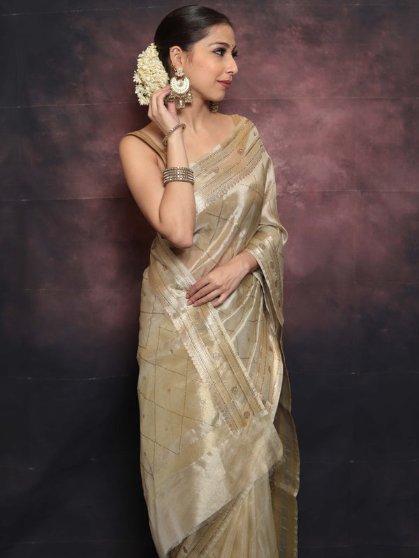 Banarasee Handwoven Tissue Saree With Swarovski Work-Gold