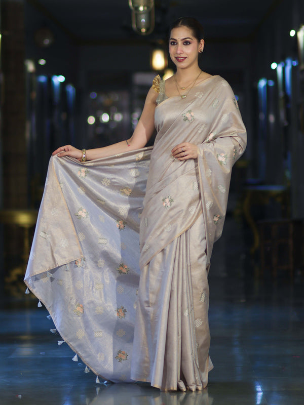 Banarasee Handloom Dual Tone Cotton Silk Saree With Resham Embroidery-Rose Pink (Gold Tone)