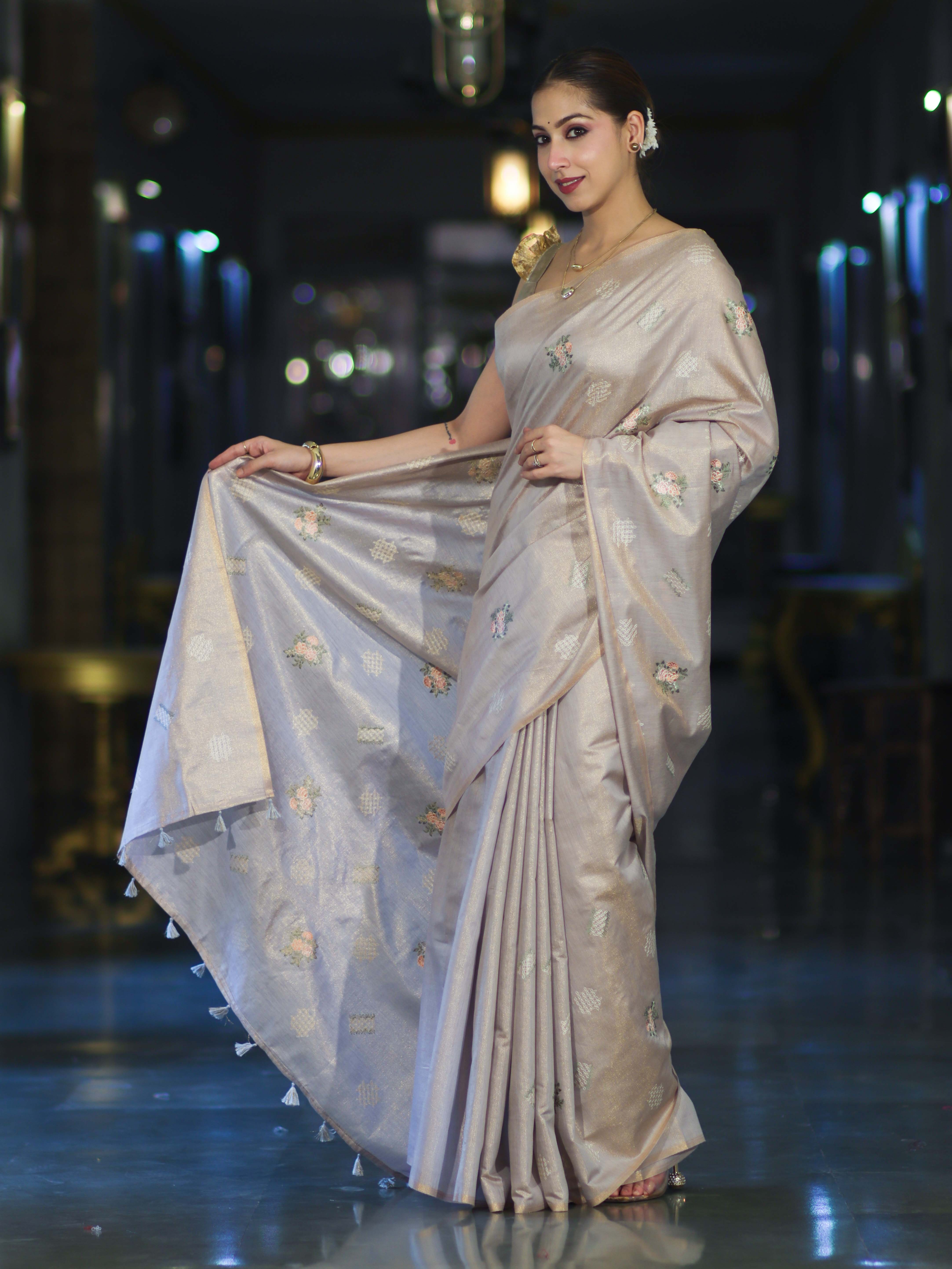 Banarasee Handloom Dual Tone Cotton Silk Saree With Resham Embroidery-Rose Pink (Gold Tone)