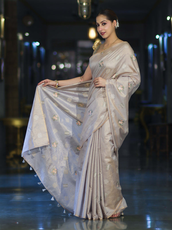 Banarasee Handloom Dual Tone Cotton Silk Saree With Resham Embroidery-Rose Pink (Gold Tone)