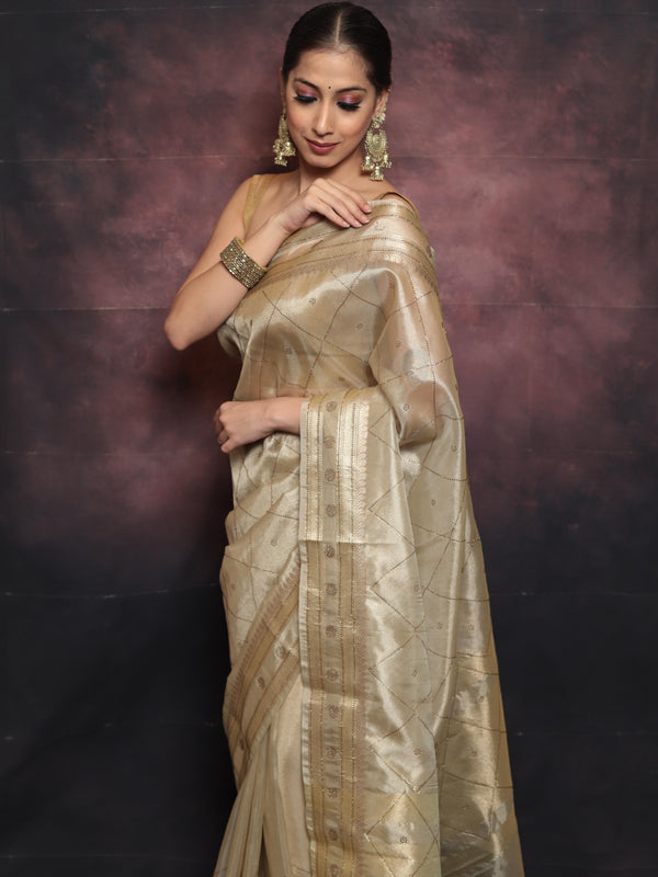 Banarasee Handwoven Tissue Saree With Swarovski Work-Gold