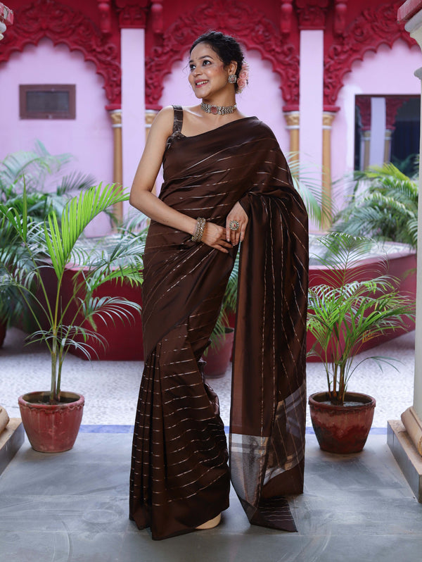 Banarasee Handloom Semi Silk Saree With Gold Zari Stripes-Brown