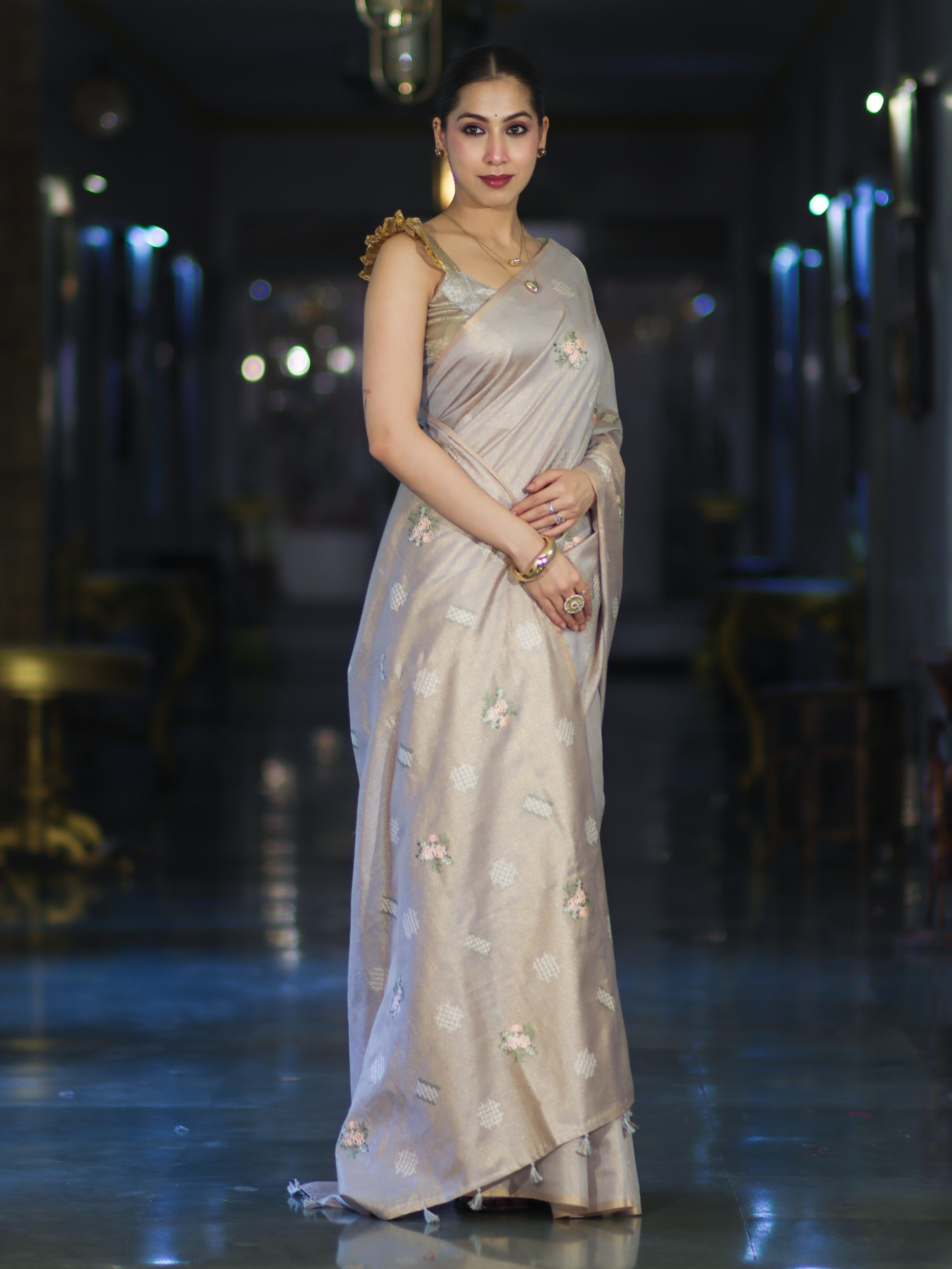 Banarasee Handloom Dual Tone Cotton Silk Saree With Resham Embroidery-Rose Pink (Gold Tone)