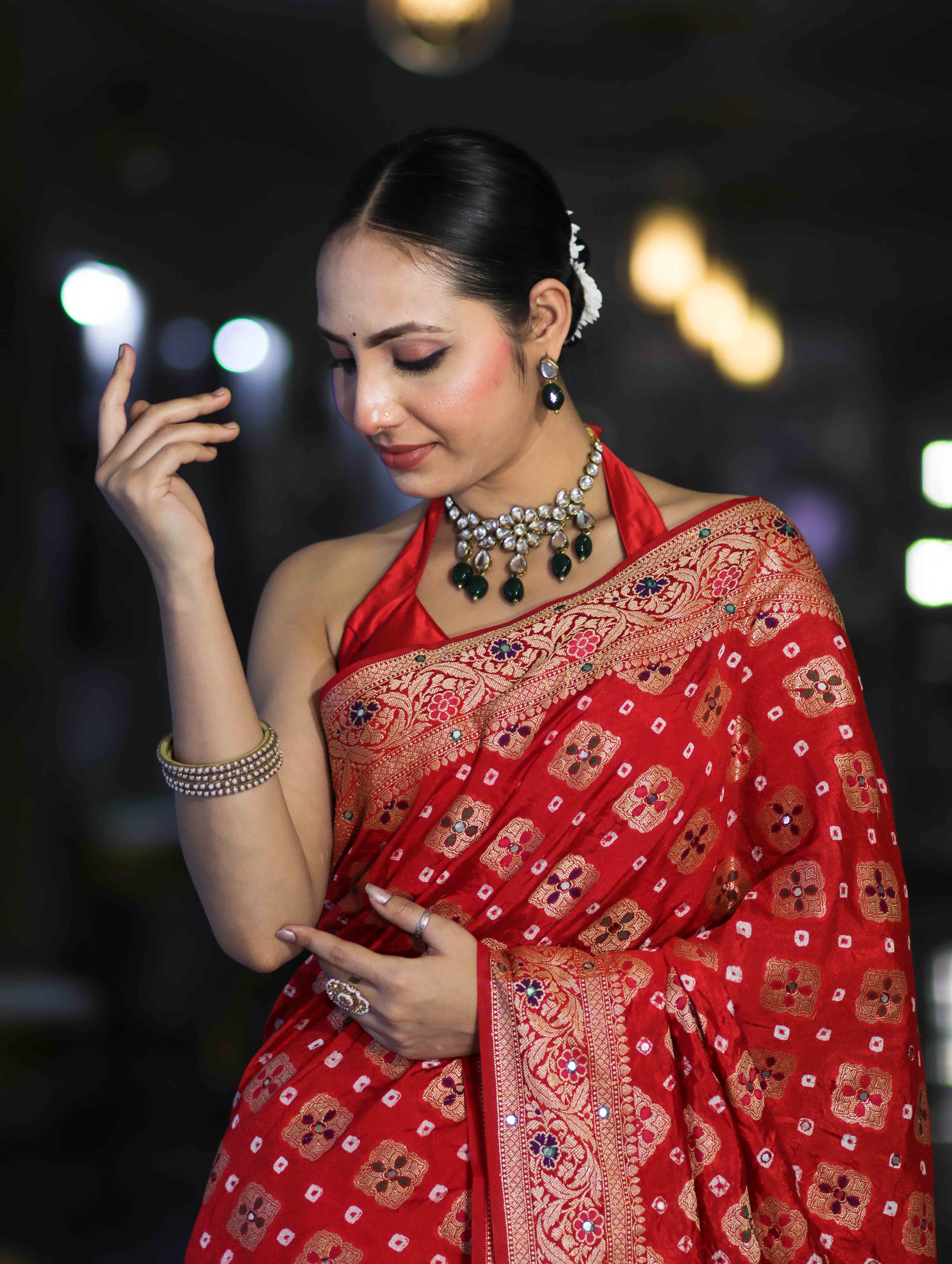 Banarasee Handloom Semi Silk Bandhej Saree With Zari Design Mirror Work & Floral Border-Red