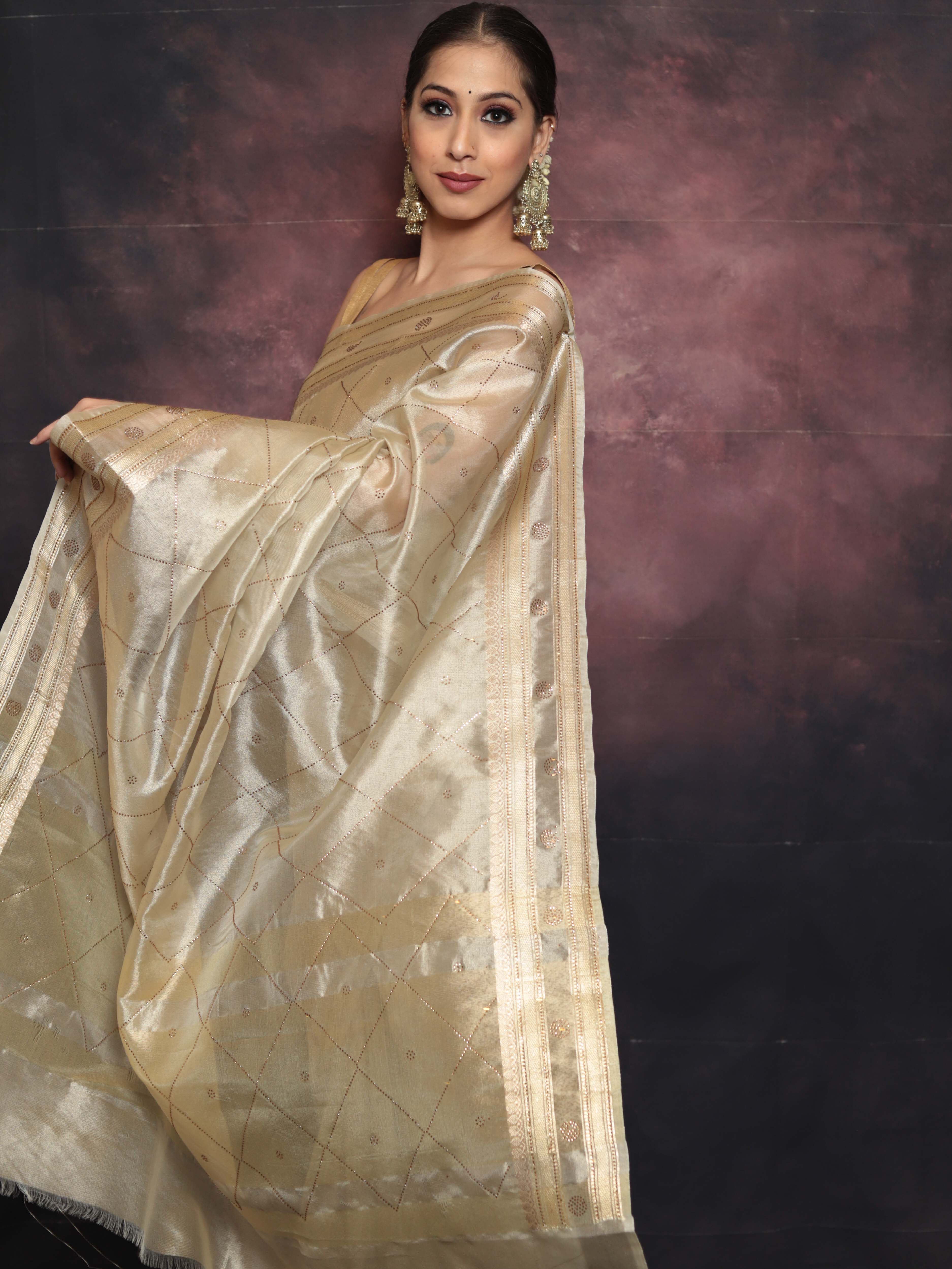 Banarasee Handwoven Tissue Saree With Swarovski Work-Gold