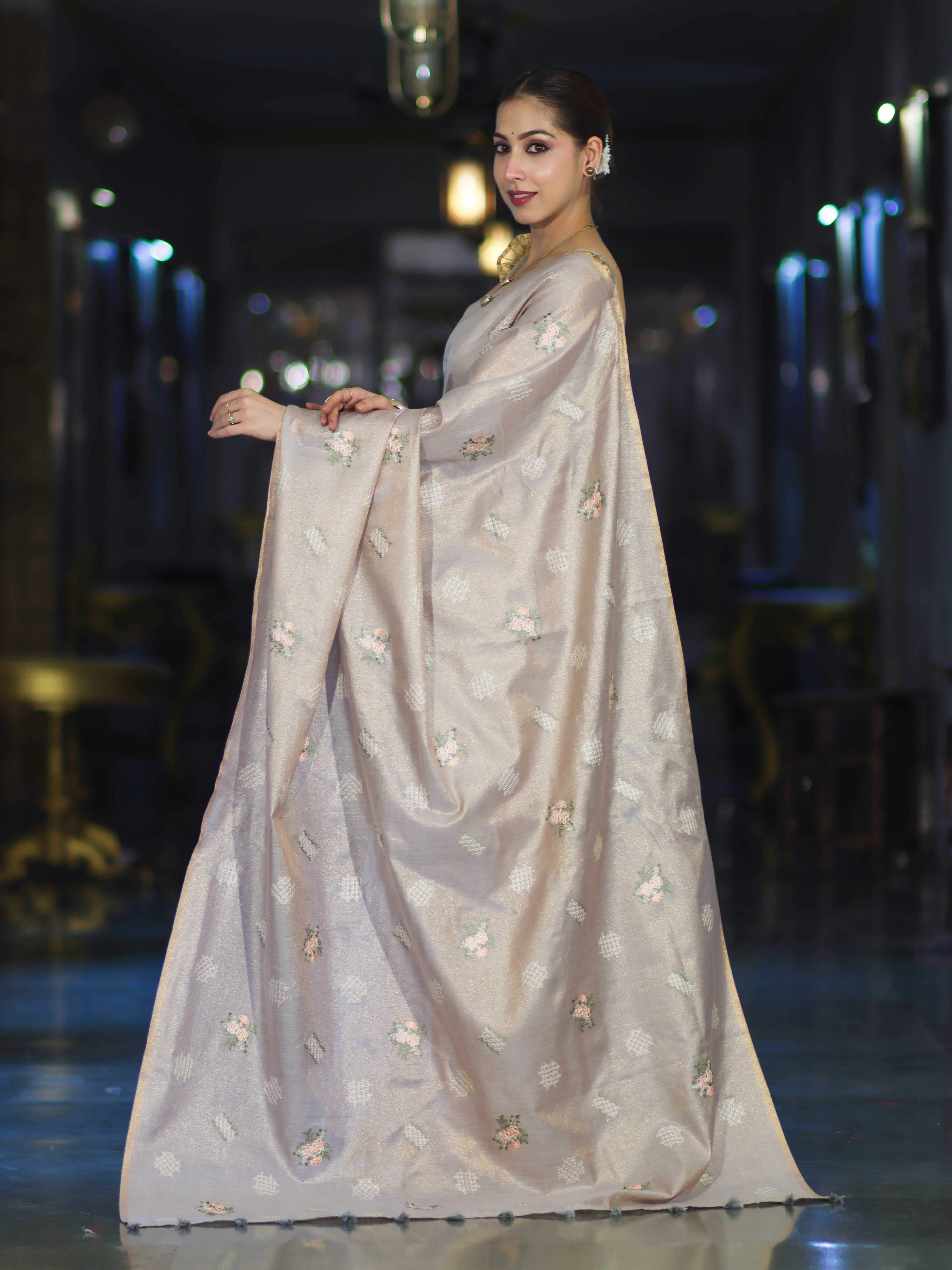Banarasee Handloom Dual Tone Cotton Silk Saree With Resham Embroidery-Rose Pink (Gold Tone)