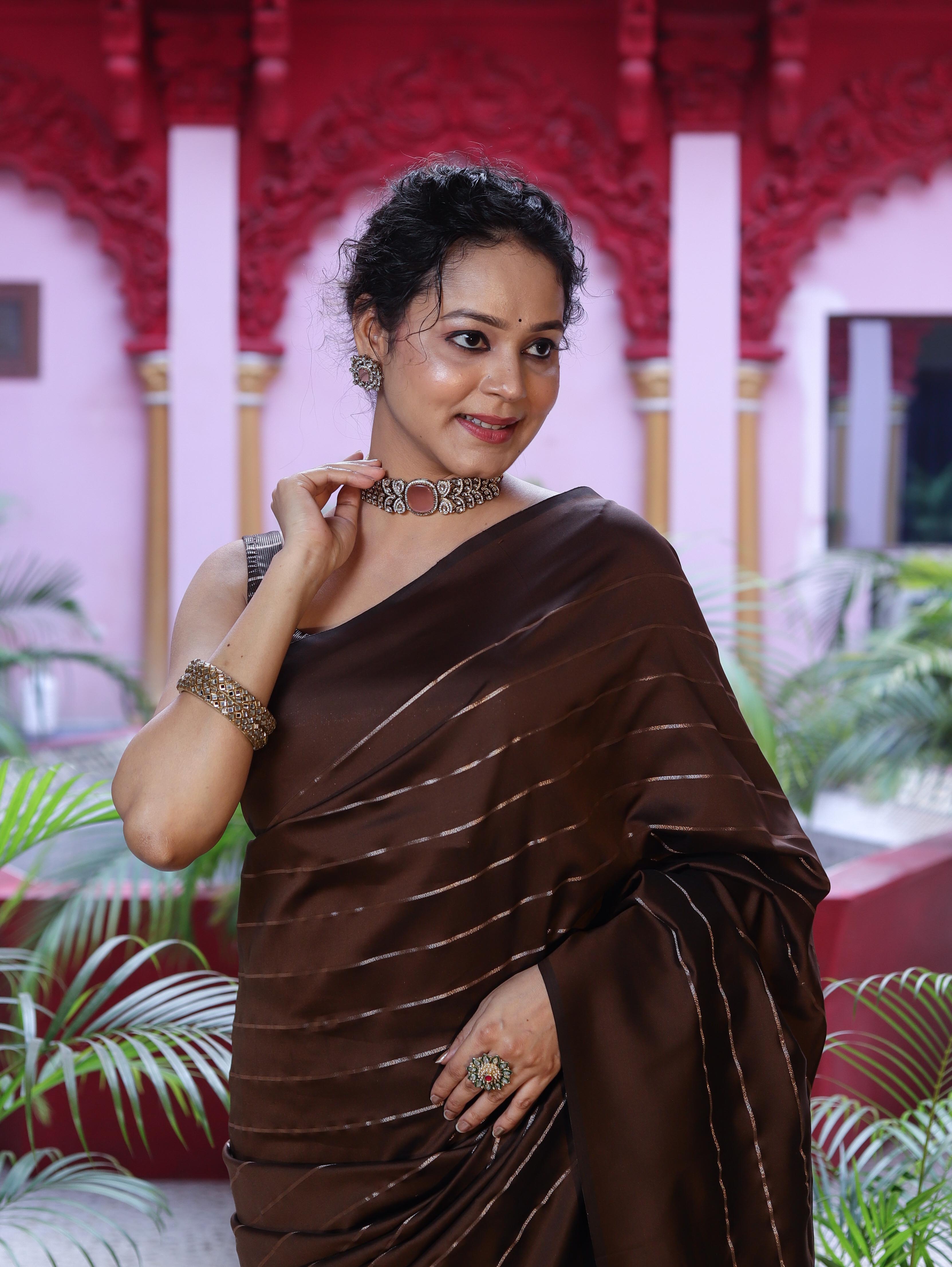 Banarasee Handloom Semi Silk Saree With Gold Zari Stripes-Brown