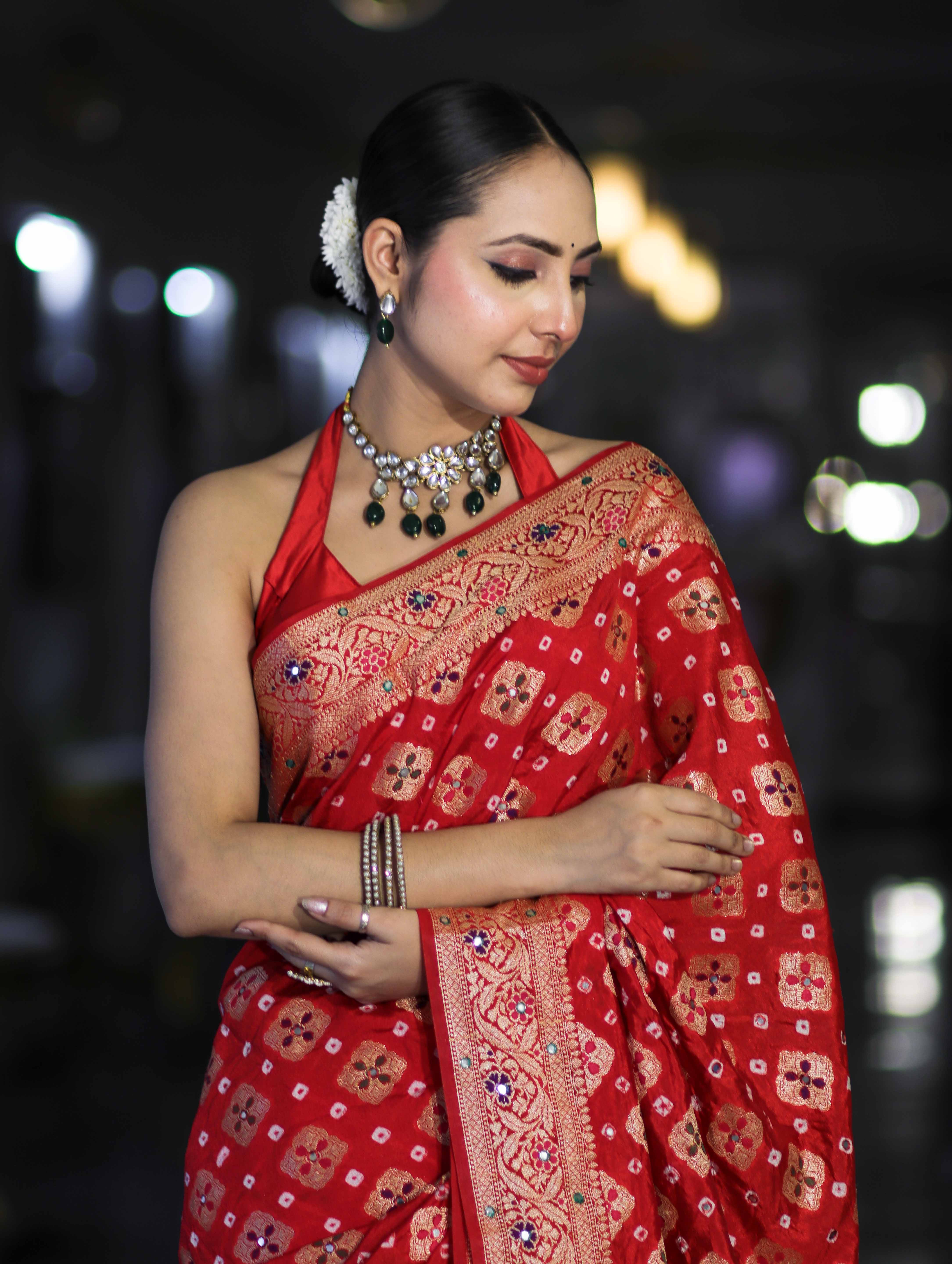 Banarasee Handloom Semi Silk Bandhej Saree With Zari Design Mirror Work & Floral Border-Red