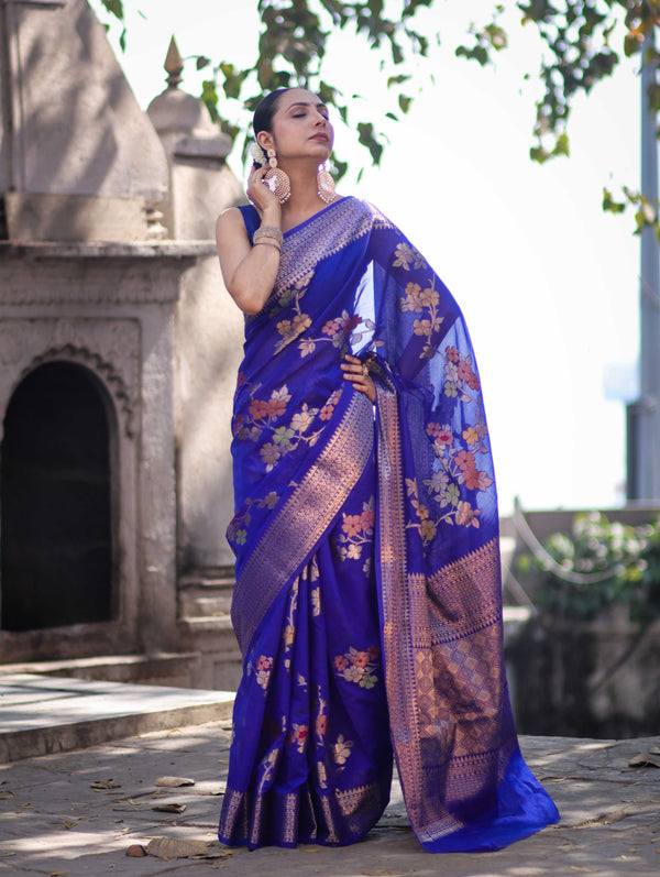 Banarasee Semi Chiffon Saree With Floral Zari Work & Border-Violet