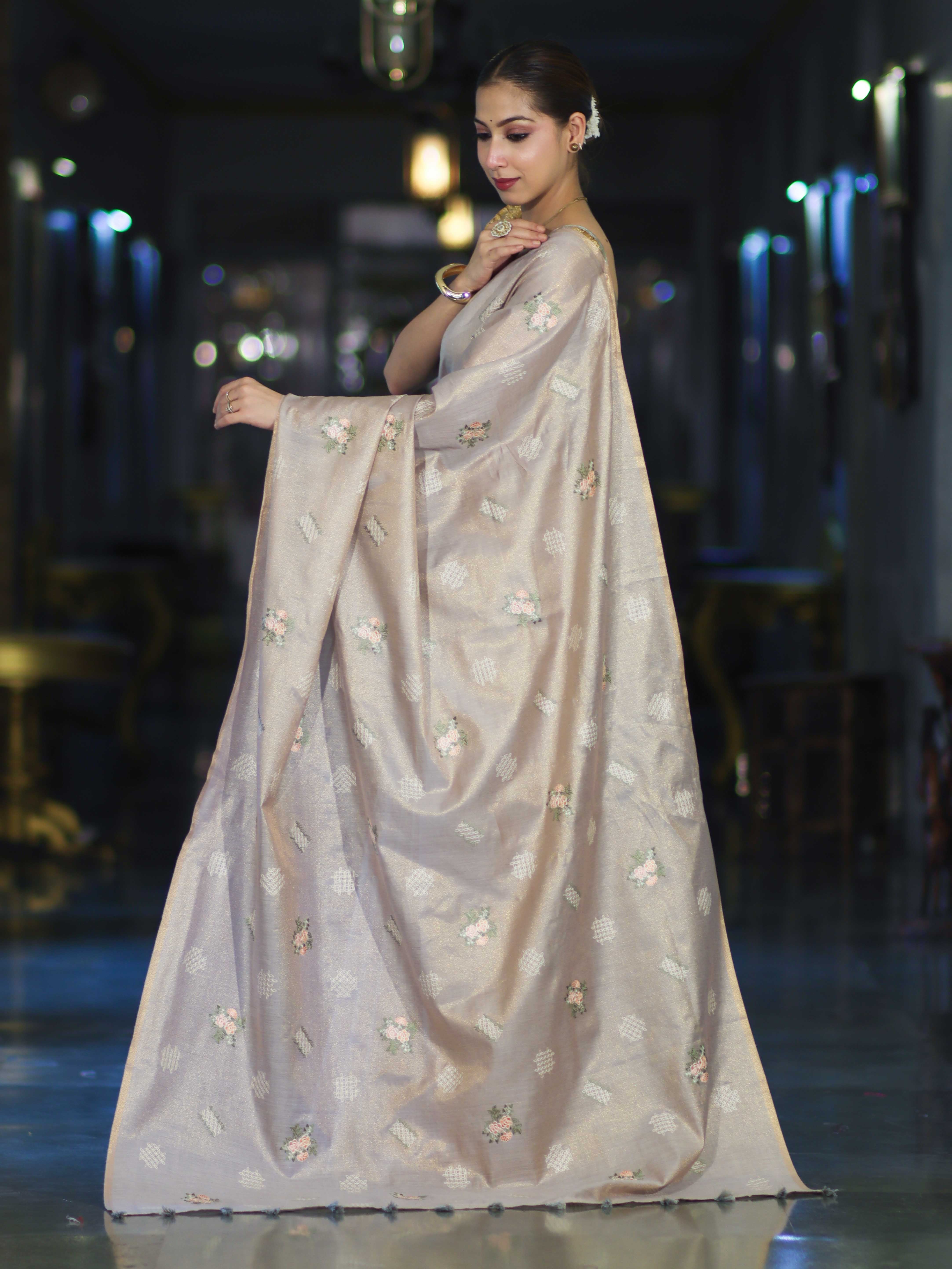 Banarasee Handloom Dual Tone Cotton Silk Saree With Resham Embroidery-Rose Pink (Gold Tone)