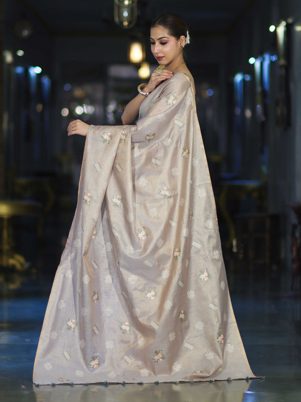 Banarasee Handloom Dual Tone Cotton Silk Saree With Resham Embroidery-Rose Pink (Gold Tone)