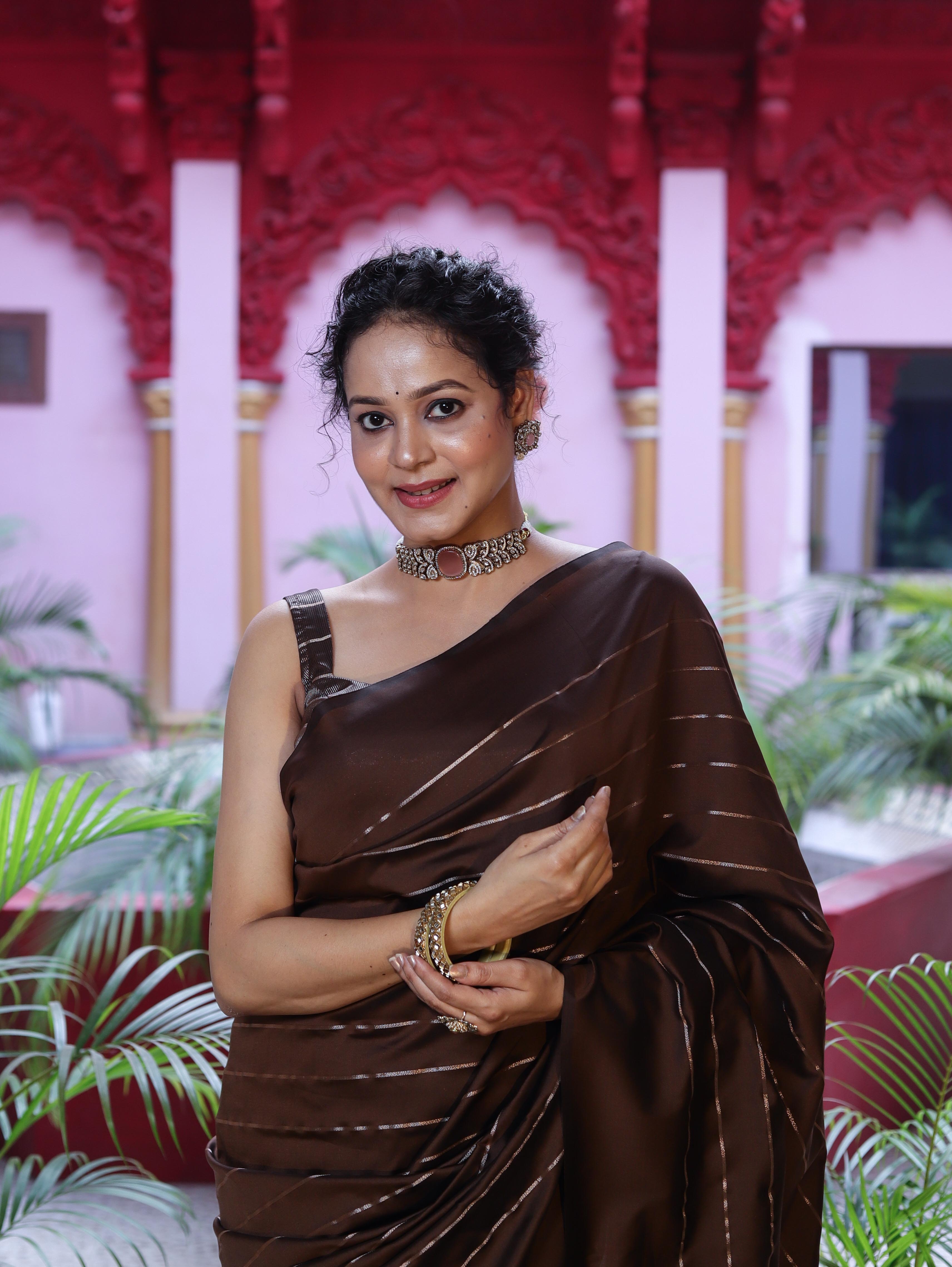 Banarasee Handloom Semi Silk Saree With Gold Zari Stripes-Brown